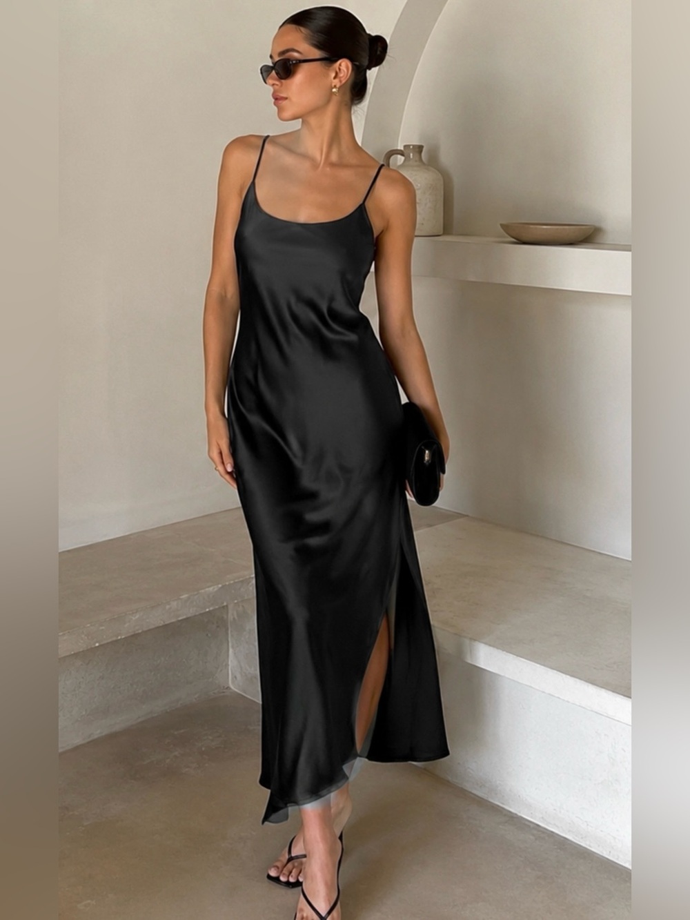 Express Satin Slip Dress Black, Medium High side Slits 90’s Minimalist Romantic